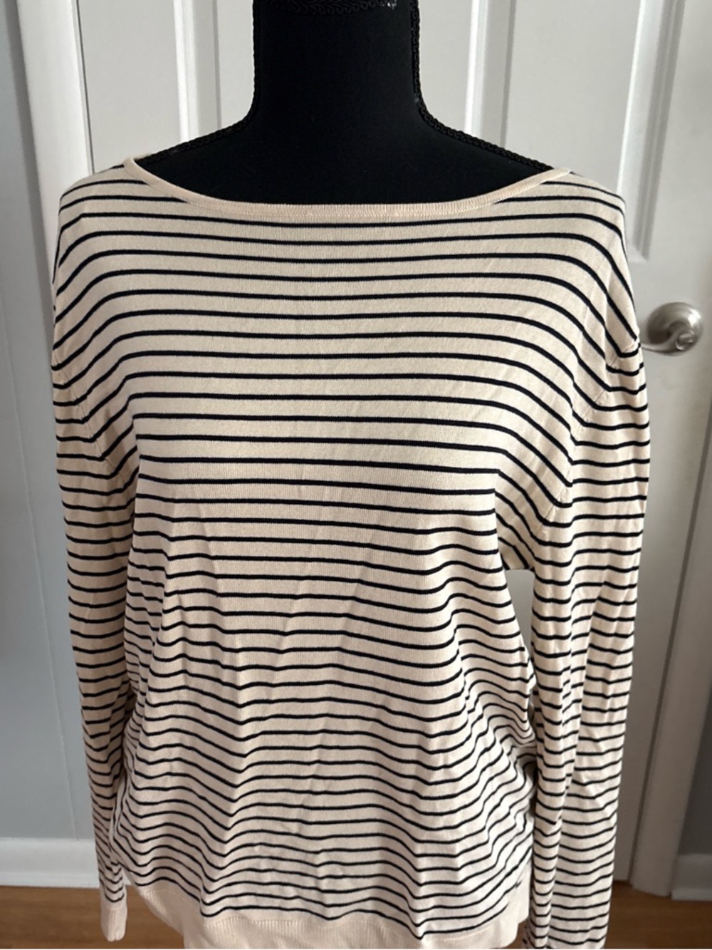 Zara Cream and Black Striped Boatneck Long-Sleeve Top
